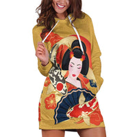 Japanese Geisha Koi Fish Hoodie Dress Cherry Blossoms Yellow Seigaiha Pattern - Wonder Print Shop