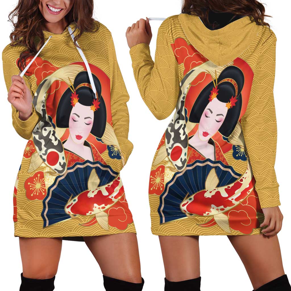 Japanese Geisha Koi Fish Hoodie Dress Cherry Blossoms Yellow Seigaiha Pattern - Wonder Print Shop