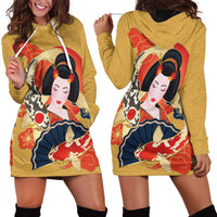Japanese Geisha Koi Fish Hoodie Dress Cherry Blossoms Yellow Seigaiha Pattern - Wonder Print Shop