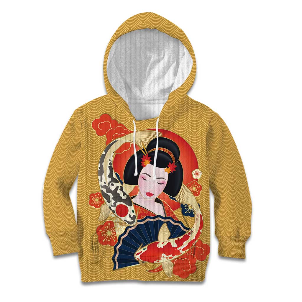 Japanese Geisha Koi Fish Kid Hoodie Cherry Blossoms Yellow Seigaiha Pattern - Wonder Print Shop