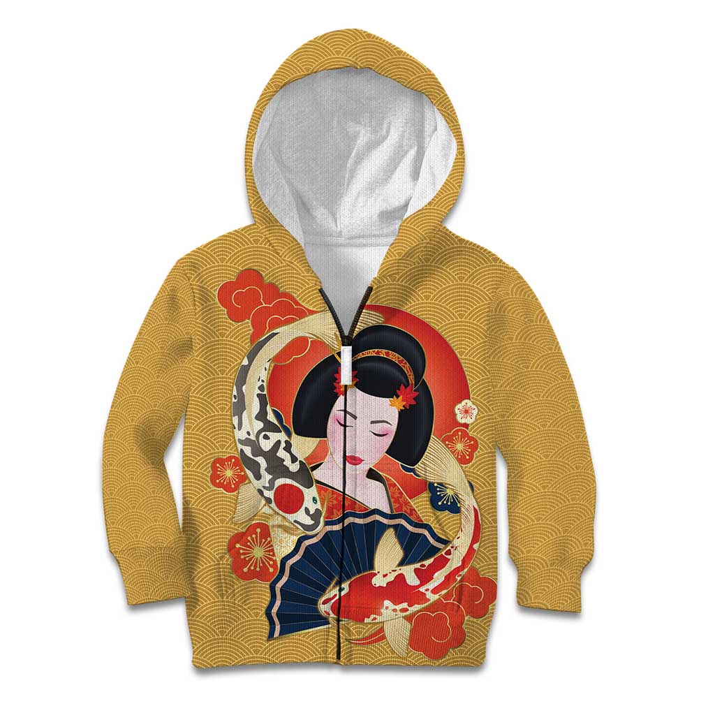 Japanese Geisha Koi Fish Kid Hoodie Cherry Blossoms Yellow Seigaiha Pattern - Wonder Print Shop