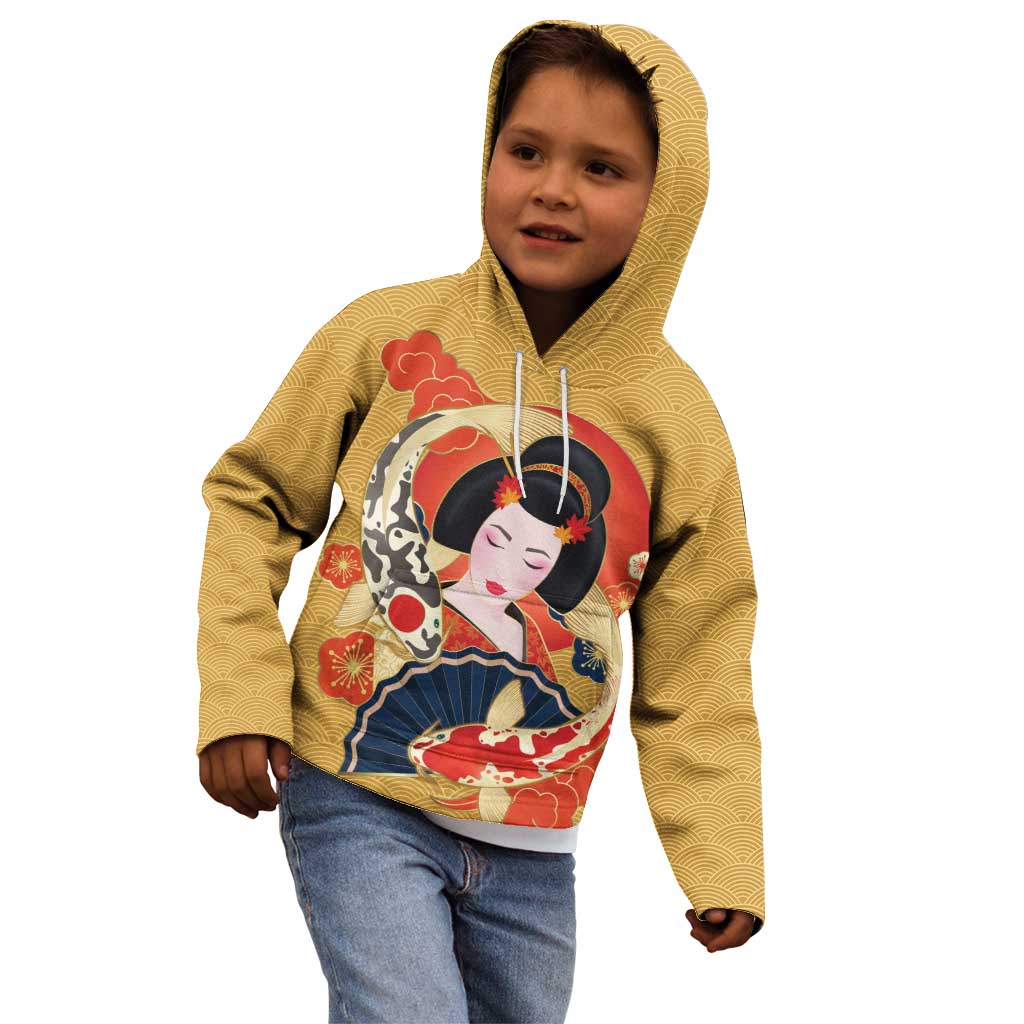 Japanese Geisha Koi Fish Kid Hoodie Cherry Blossoms Yellow Seigaiha Pattern - Wonder Print Shop