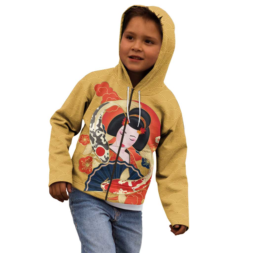 Japanese Geisha Koi Fish Kid Hoodie Cherry Blossoms Yellow Seigaiha Pattern - Wonder Print Shop
