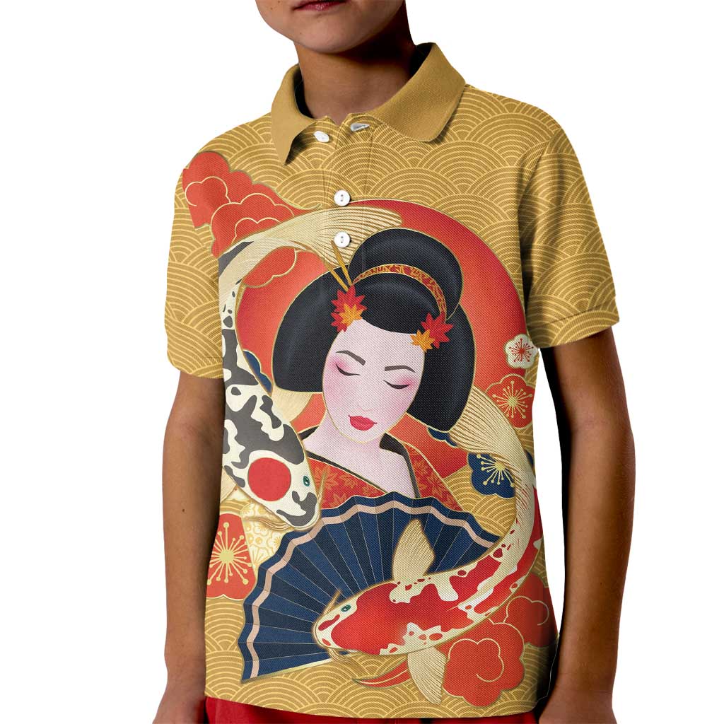 Japanese Geisha Koi Fish Kid Polo Shirt Cherry Blossoms Yellow Seigaiha Pattern - Wonder Print Shop