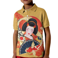 Japanese Geisha Koi Fish Kid Polo Shirt Cherry Blossoms Yellow Seigaiha Pattern - Wonder Print Shop