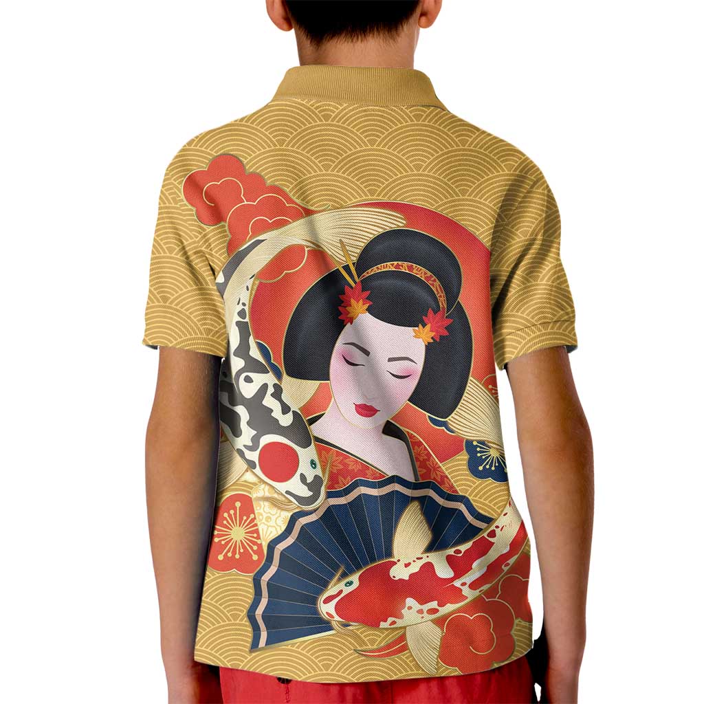Japanese Geisha Koi Fish Kid Polo Shirt Cherry Blossoms Yellow Seigaiha Pattern - Wonder Print Shop