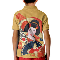 Japanese Geisha Koi Fish Kid Polo Shirt Cherry Blossoms Yellow Seigaiha Pattern - Wonder Print Shop