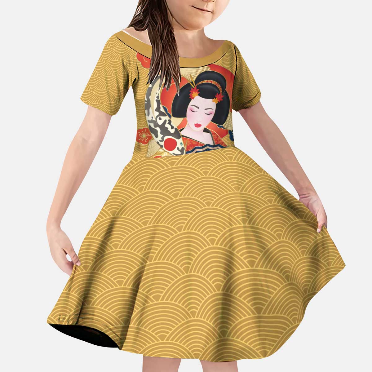 Japanese Geisha Koi Fish Kid Short Sleeve Dress Cherry Blossoms Yellow Seigaiha Pattern - Wonder Print Shop