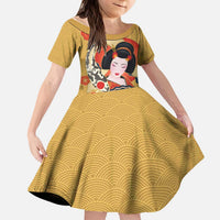 Japanese Geisha Koi Fish Kid Short Sleeve Dress Cherry Blossoms Yellow Seigaiha Pattern - Wonder Print Shop
