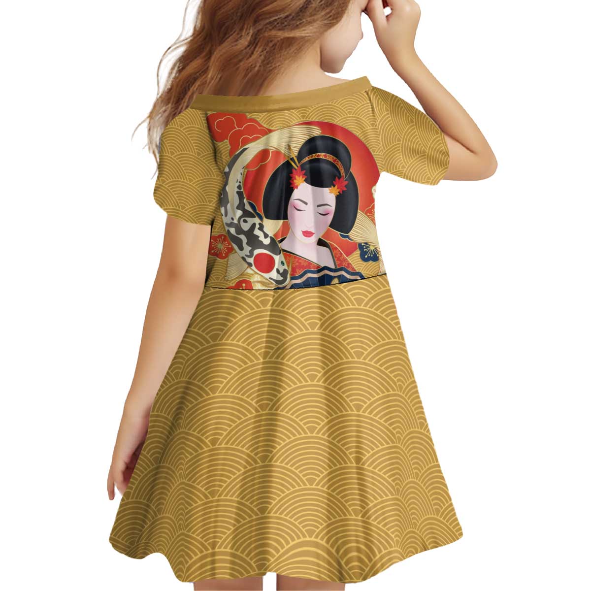 Japanese Geisha Koi Fish Kid Short Sleeve Dress Cherry Blossoms Yellow Seigaiha Pattern - Wonder Print Shop