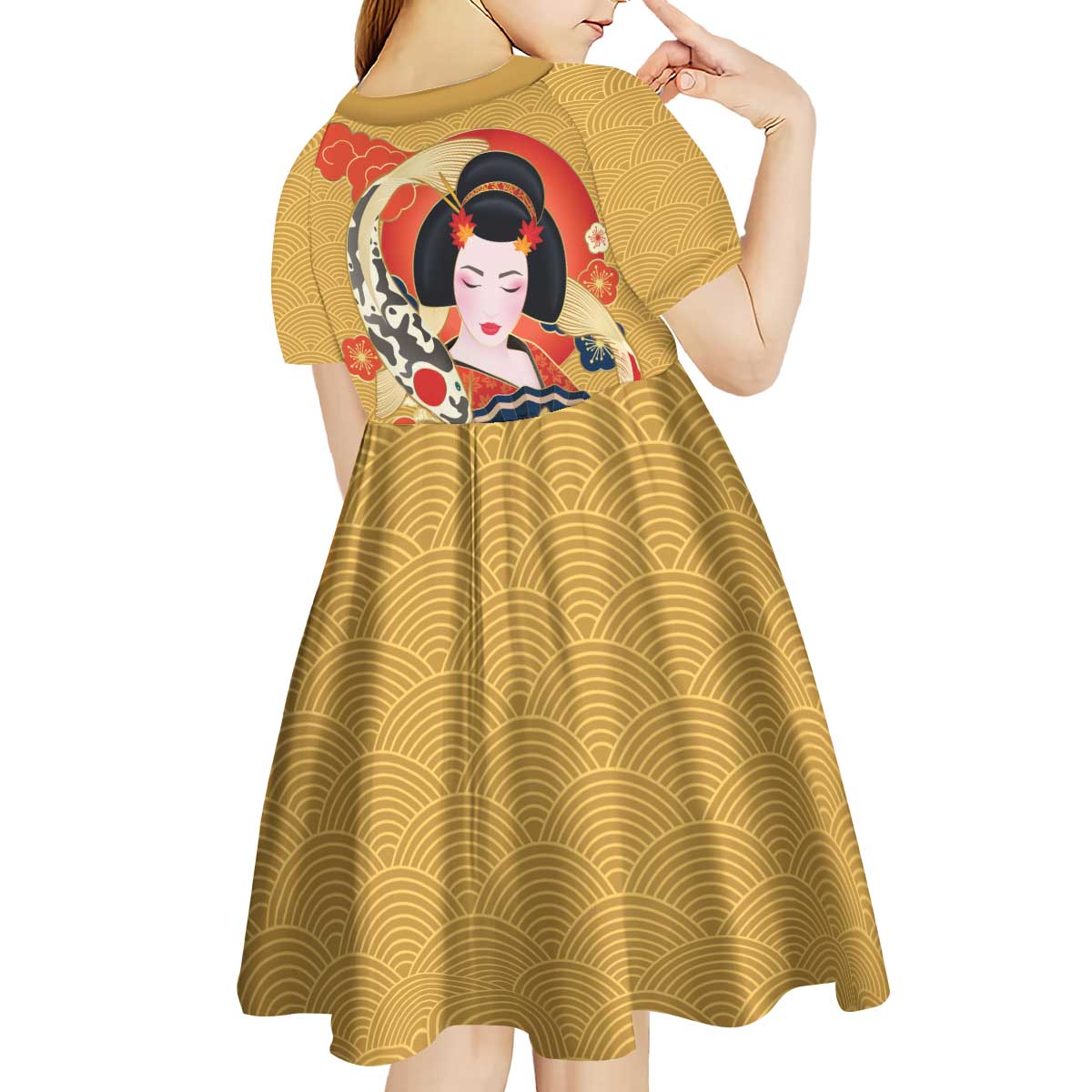 Japanese Geisha Koi Fish Kid Short Sleeve Dress Cherry Blossoms Yellow Seigaiha Pattern - Wonder Print Shop