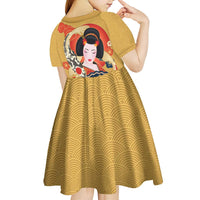 Japanese Geisha Koi Fish Kid Short Sleeve Dress Cherry Blossoms Yellow Seigaiha Pattern - Wonder Print Shop