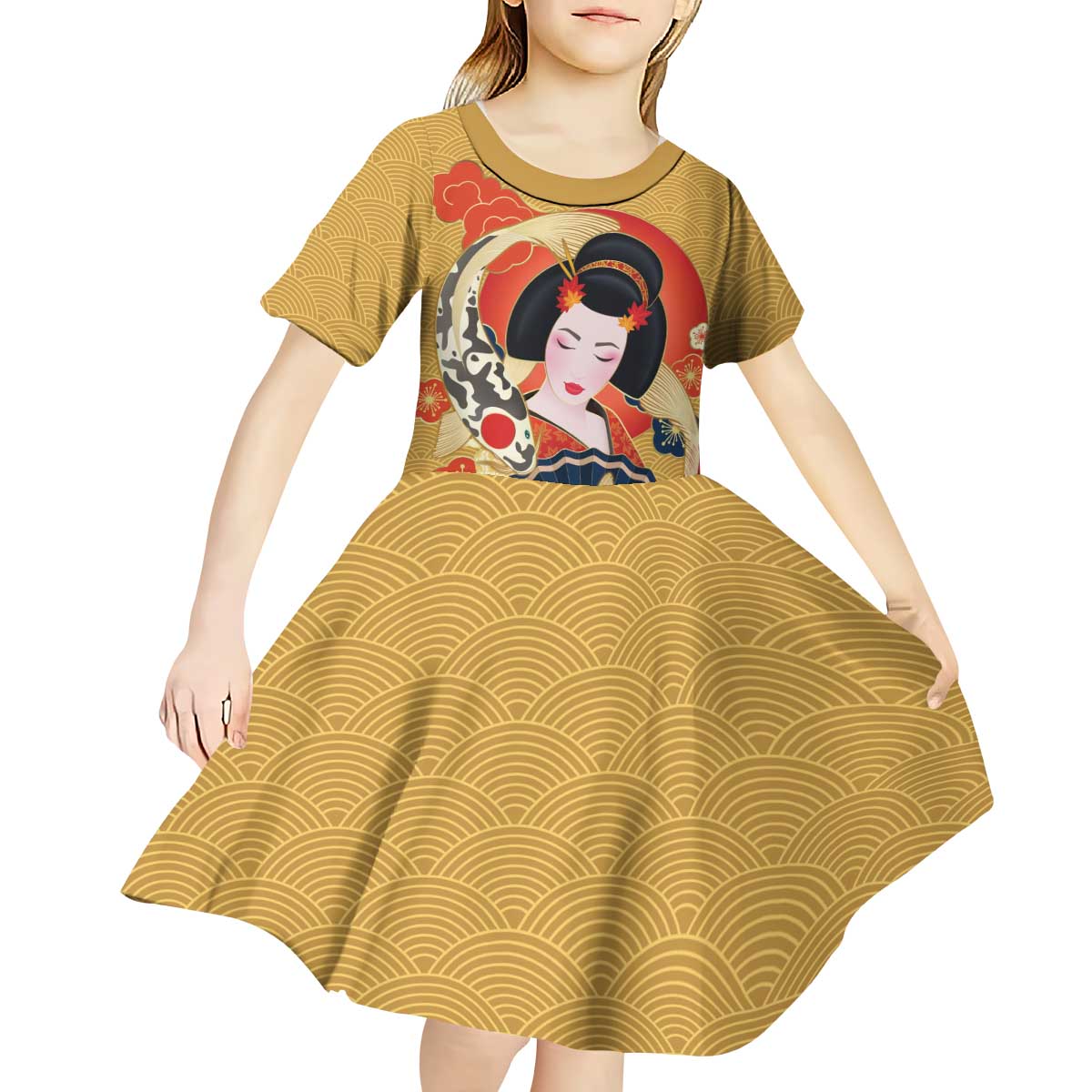 Japanese Geisha Koi Fish Kid Short Sleeve Dress Cherry Blossoms Yellow Seigaiha Pattern - Wonder Print Shop