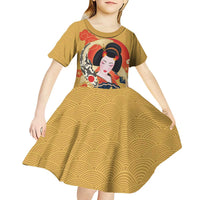 Japanese Geisha Koi Fish Kid Short Sleeve Dress Cherry Blossoms Yellow Seigaiha Pattern - Wonder Print Shop