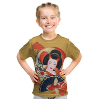 Japanese Geisha Koi Fish Kid T Shirt Cherry Blossoms Yellow Seigaiha Pattern - Wonder Print Shop