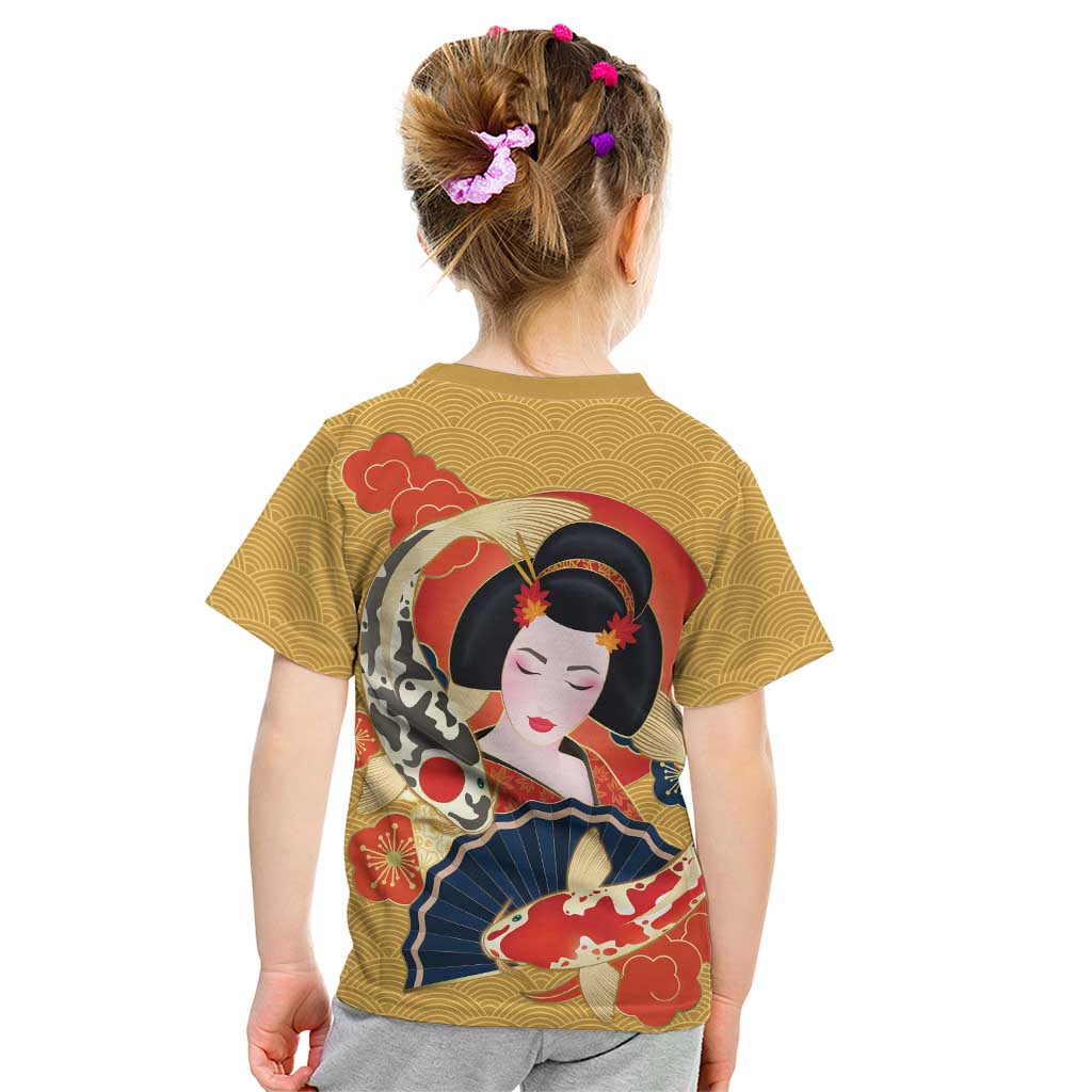 Japanese Geisha Koi Fish Kid T Shirt Cherry Blossoms Yellow Seigaiha Pattern - Wonder Print Shop