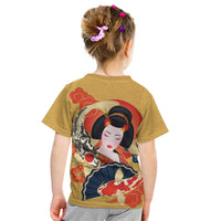 Japanese Geisha Koi Fish Kid T Shirt Cherry Blossoms Yellow Seigaiha Pattern - Wonder Print Shop