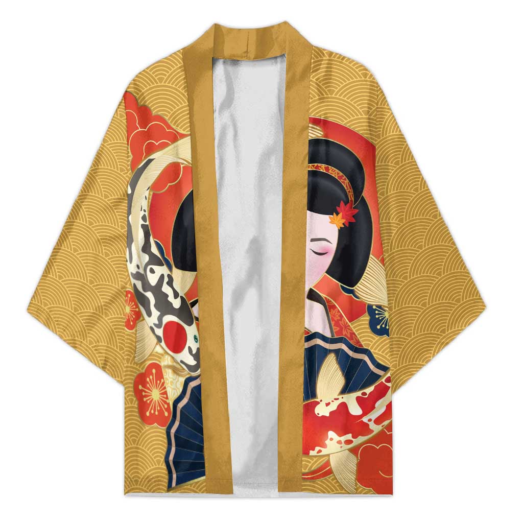 Japanese Geisha Koi Fish Kimono Cherry Blossoms Yellow Seigaiha Pattern - Wonder Print Shop