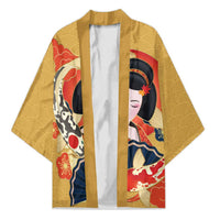 Japanese Geisha Koi Fish Kimono Cherry Blossoms Yellow Seigaiha Pattern - Wonder Print Shop
