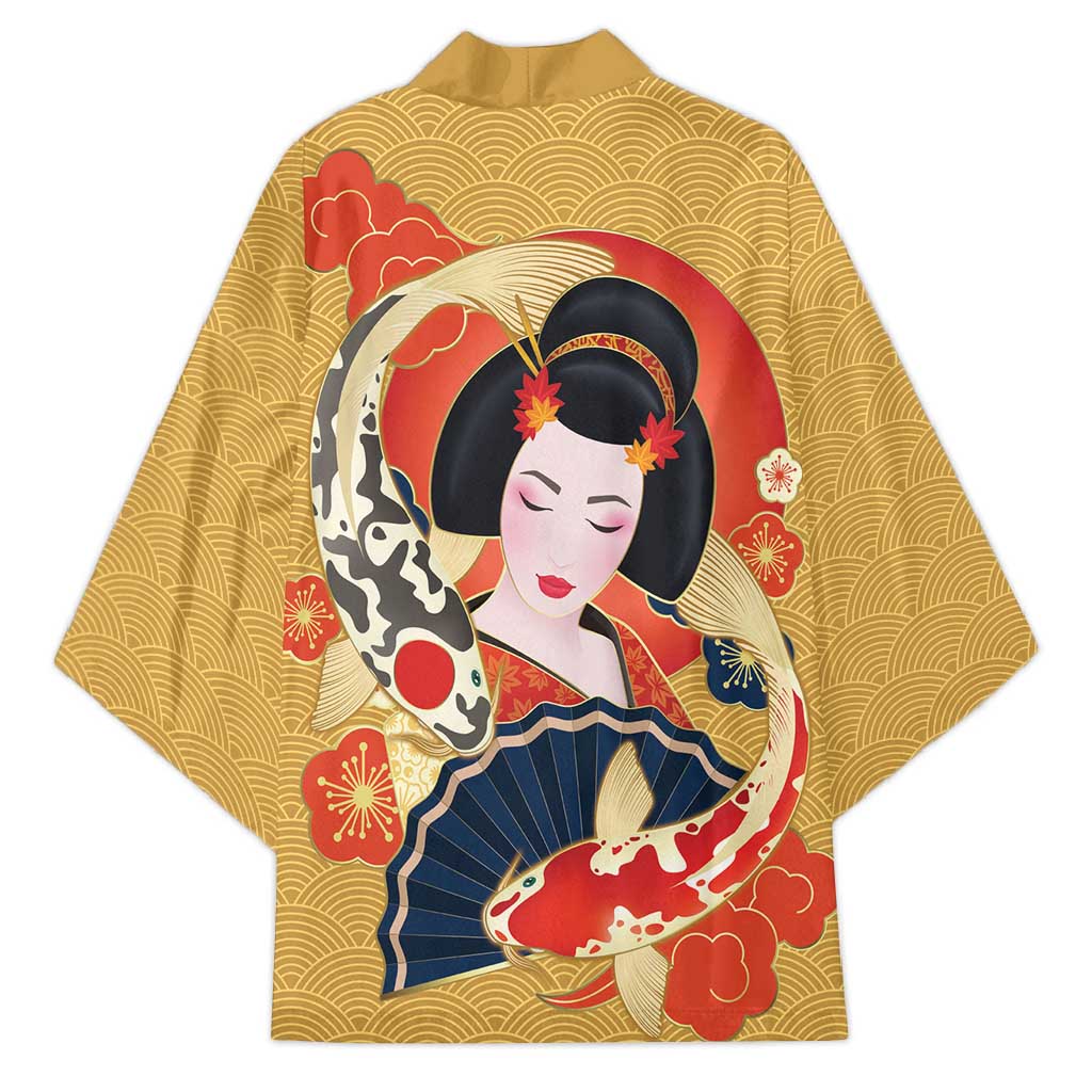 Japanese Geisha Koi Fish Kimono Cherry Blossoms Yellow Seigaiha Pattern - Wonder Print Shop