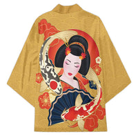 Japanese Geisha Koi Fish Kimono Cherry Blossoms Yellow Seigaiha Pattern - Wonder Print Shop