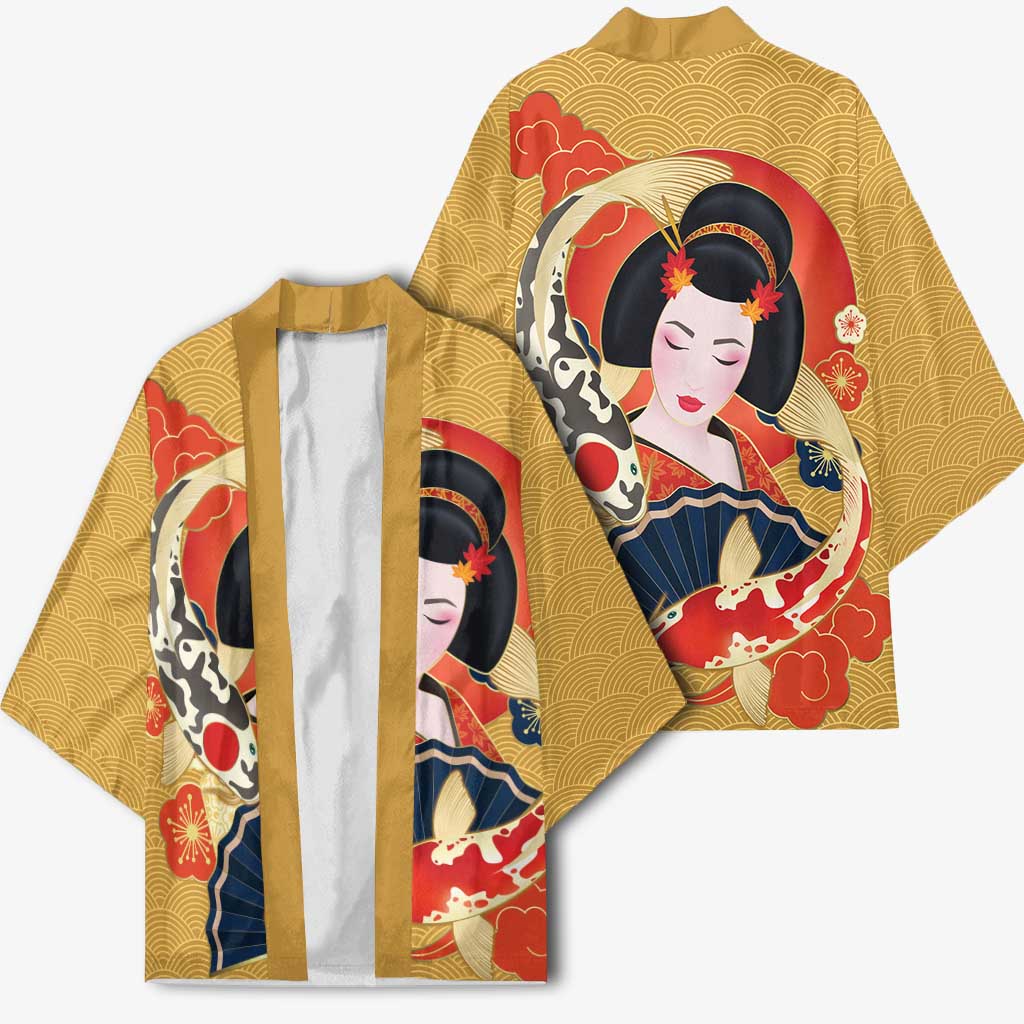 Japanese Geisha Koi Fish Kimono Cherry Blossoms Yellow Seigaiha Pattern - Wonder Print Shop