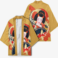Japanese Geisha Koi Fish Kimono Cherry Blossoms Yellow Seigaiha Pattern - Wonder Print Shop