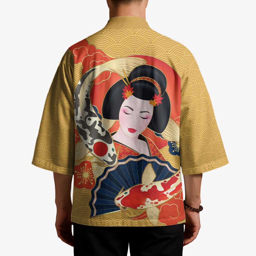 Japanese Geisha Koi Fish Kimono Cherry Blossoms Yellow Seigaiha Pattern - Wonder Print Shop