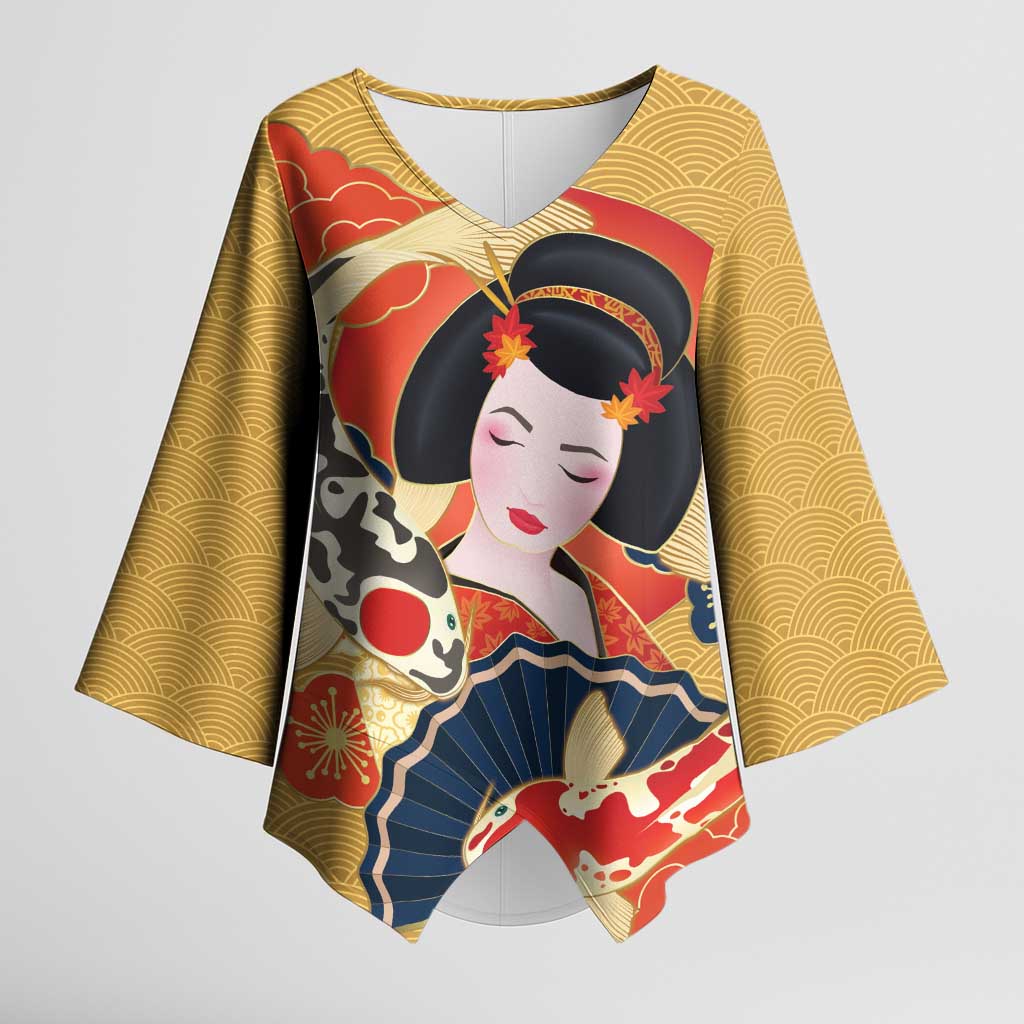 Japanese Geisha Koi Fish Kimono Sleeve Blouse Cherry Blossoms Yellow Seigaiha Pattern - Wonder Print Shop