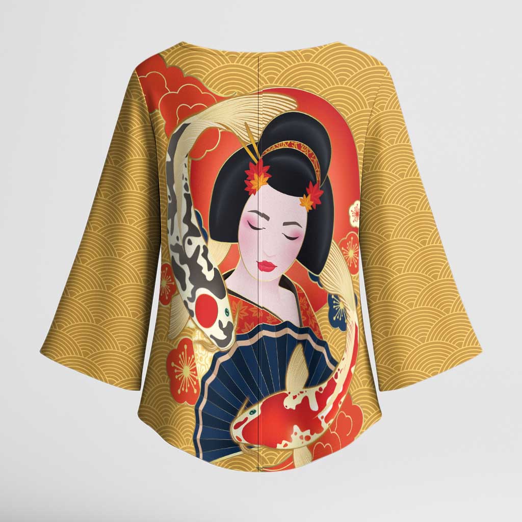 Japanese Geisha Koi Fish Kimono Sleeve Blouse Cherry Blossoms Yellow Seigaiha Pattern - Wonder Print Shop