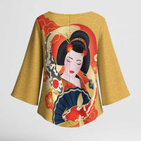 Japanese Geisha Koi Fish Kimono Sleeve Blouse Cherry Blossoms Yellow Seigaiha Pattern - Wonder Print Shop