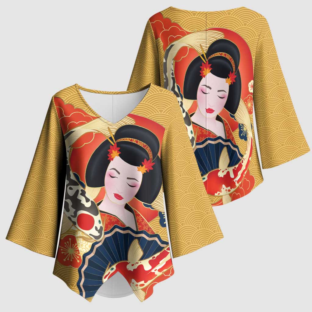 Japanese Geisha Koi Fish Kimono Sleeve Blouse Cherry Blossoms Yellow Seigaiha Pattern - Wonder Print Shop