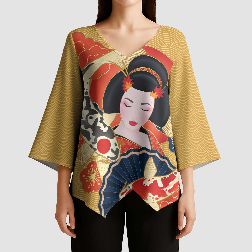 Japanese Geisha Koi Fish Kimono Sleeve Blouse Cherry Blossoms Yellow Seigaiha Pattern - Wonder Print Shop