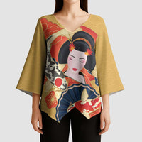 Japanese Geisha Koi Fish Kimono Sleeve Blouse Cherry Blossoms Yellow Seigaiha Pattern - Wonder Print Shop