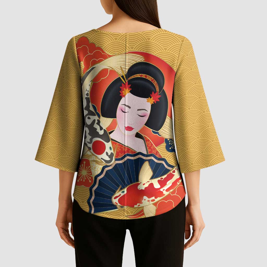Japanese Geisha Koi Fish Kimono Sleeve Blouse Cherry Blossoms Yellow Seigaiha Pattern - Wonder Print Shop