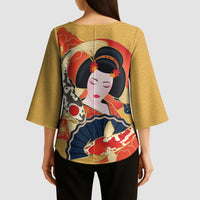Japanese Geisha Koi Fish Kimono Sleeve Blouse Cherry Blossoms Yellow Seigaiha Pattern - Wonder Print Shop