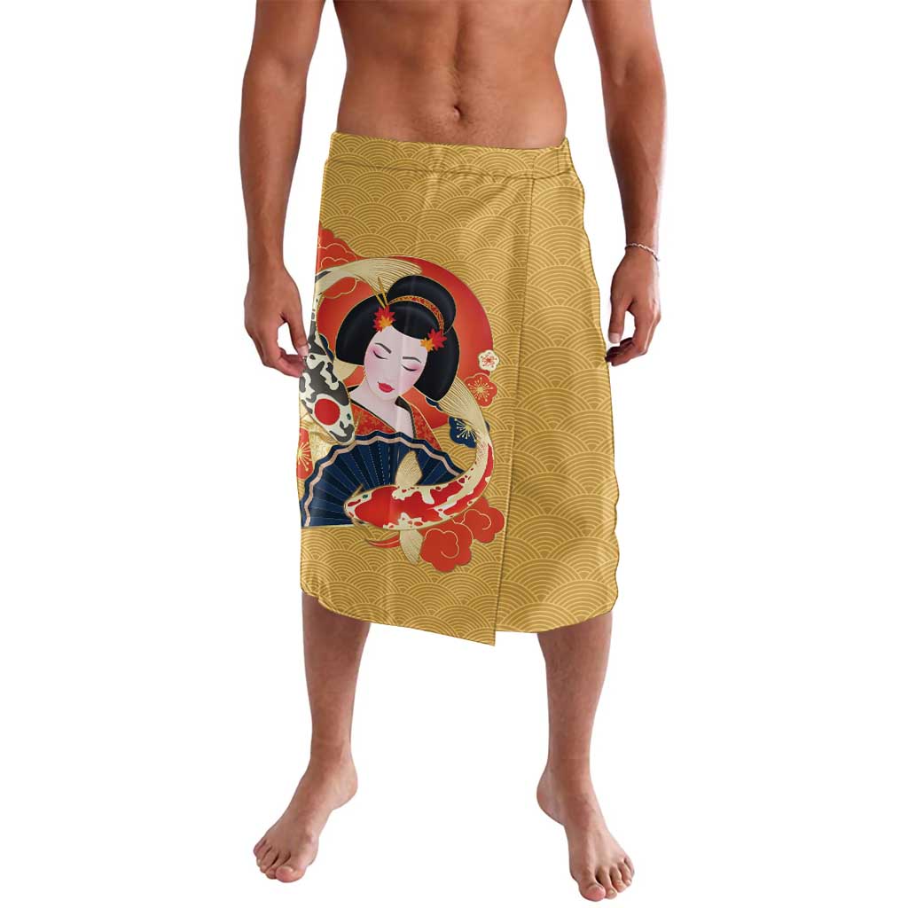 Japanese Geisha Koi Fish Lavalava Cherry Blossoms Yellow Seigaiha Pattern - Wonder Print Shop