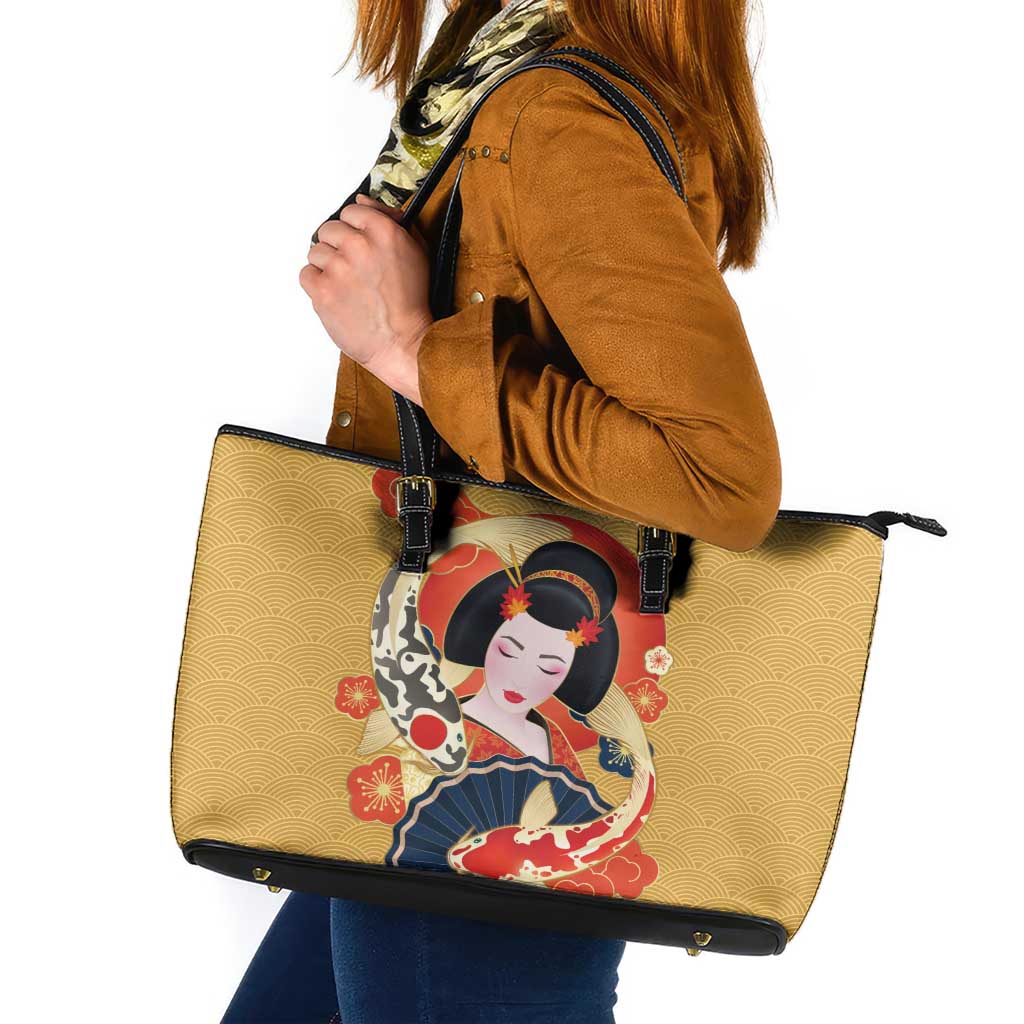 Japanese Geisha Koi Fish Leather Tote Bag Cherry Blossoms Yellow Seigaiha Pattern - Wonder Print Shop
