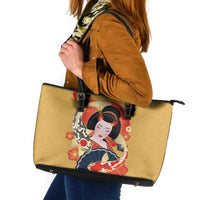 Japanese Geisha Koi Fish Leather Tote Bag Cherry Blossoms Yellow Seigaiha Pattern - Wonder Print Shop