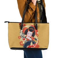 Japanese Geisha Koi Fish Leather Tote Bag Cherry Blossoms Yellow Seigaiha Pattern - Wonder Print Shop