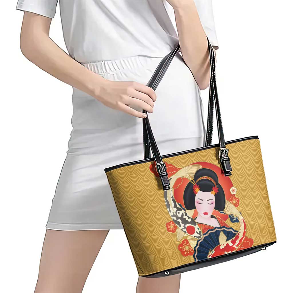 Japanese Geisha Koi Fish Leather Tote Bag Cherry Blossoms Yellow Seigaiha Pattern - Wonder Print Shop