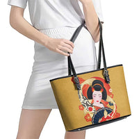 Japanese Geisha Koi Fish Leather Tote Bag Cherry Blossoms Yellow Seigaiha Pattern - Wonder Print Shop