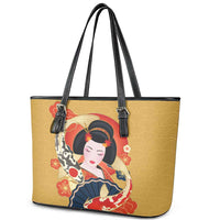 Japanese Geisha Koi Fish Leather Tote Bag Cherry Blossoms Yellow Seigaiha Pattern - Wonder Print Shop