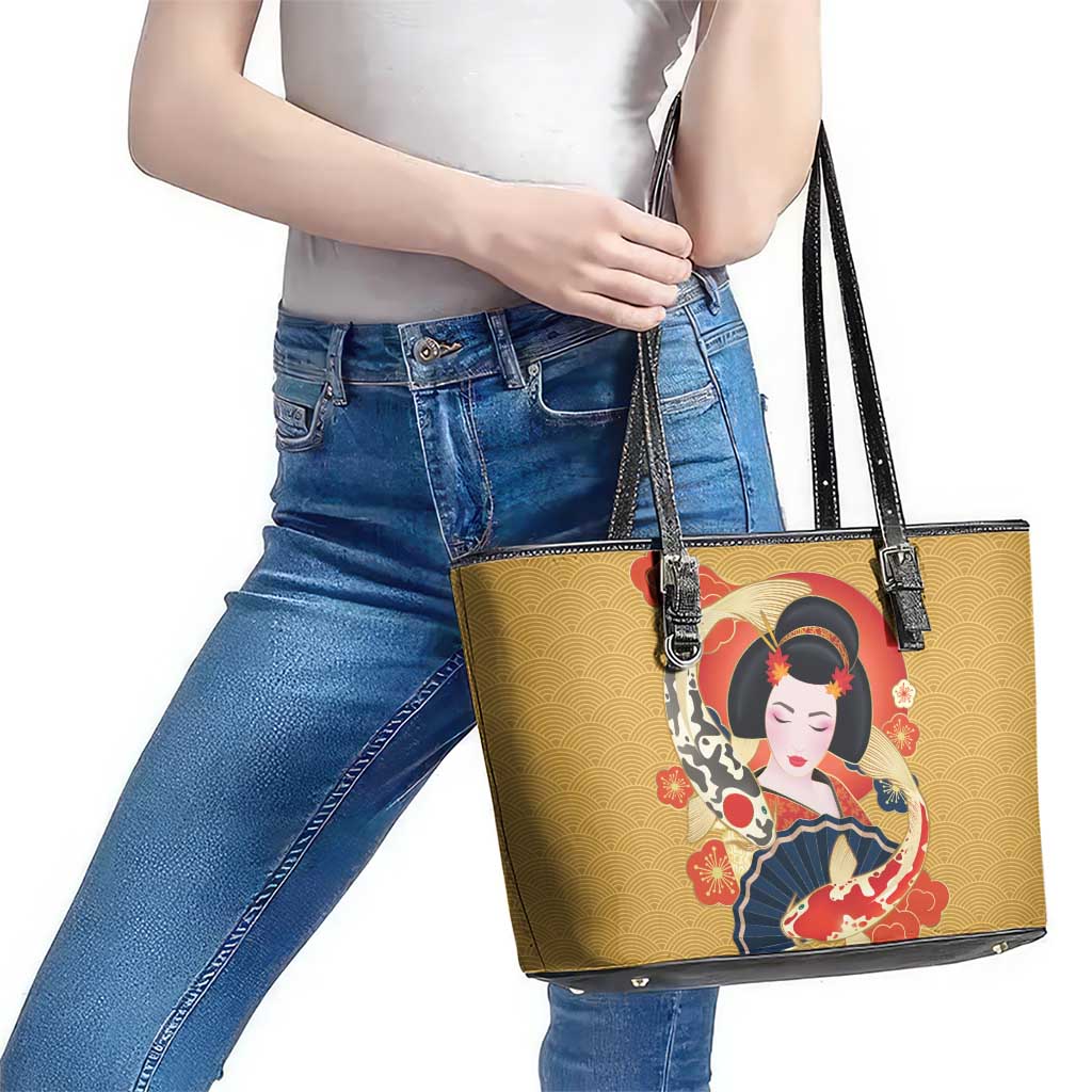 Japanese Geisha Koi Fish Leather Tote Bag Cherry Blossoms Yellow Seigaiha Pattern - Wonder Print Shop