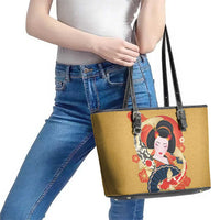 Japanese Geisha Koi Fish Leather Tote Bag Cherry Blossoms Yellow Seigaiha Pattern - Wonder Print Shop