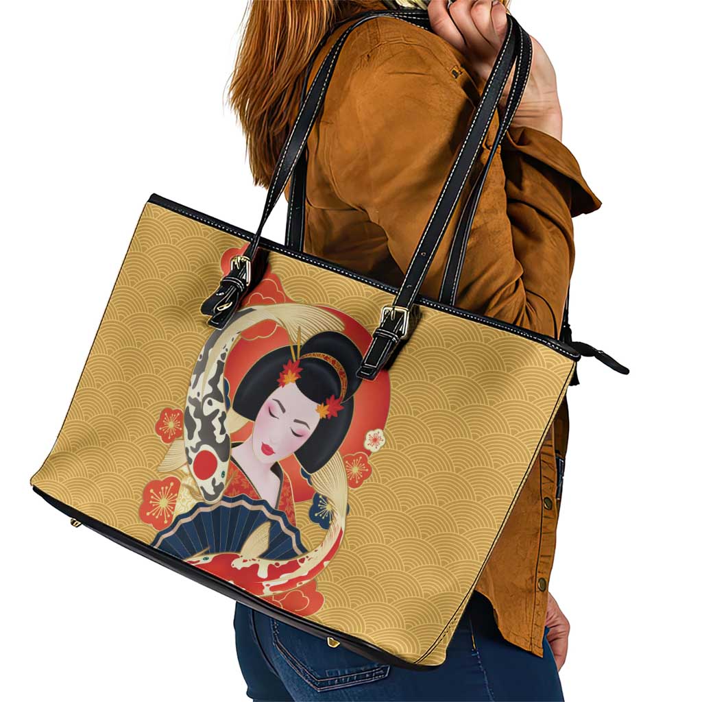 Japanese Geisha Koi Fish Leather Tote Bag Cherry Blossoms Yellow Seigaiha Pattern - Wonder Print Shop