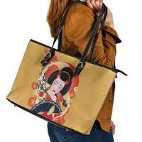 Japanese Geisha Koi Fish Leather Tote Bag Cherry Blossoms Yellow Seigaiha Pattern - Wonder Print Shop