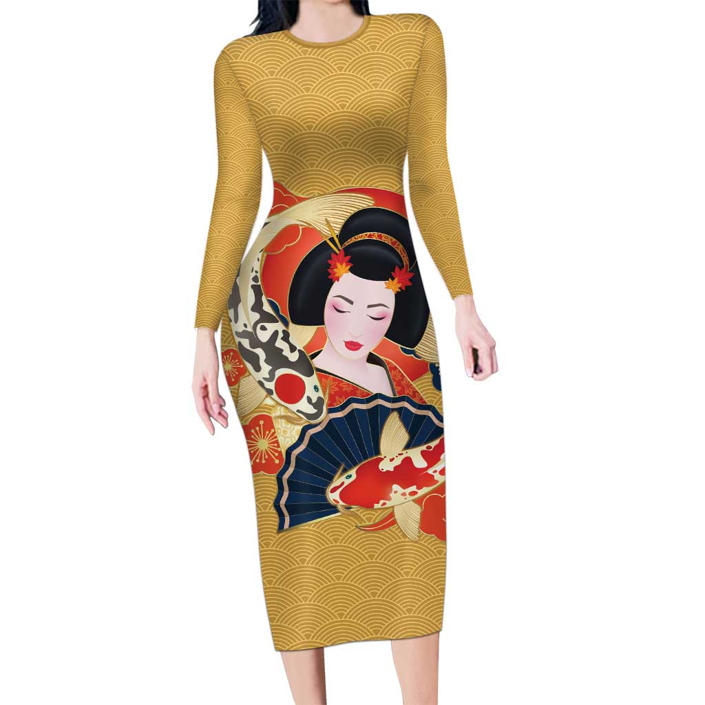 Japanese Geisha Koi Fish Long Sleeve Bodycon Dress Cherry Blossoms Yellow Seigaiha Pattern - Wonder Print Shop