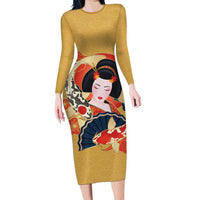 Japanese Geisha Koi Fish Long Sleeve Bodycon Dress Cherry Blossoms Yellow Seigaiha Pattern - Wonder Print Shop