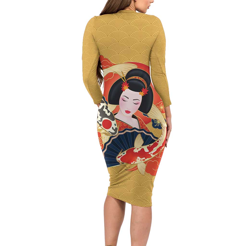 Japanese Geisha Koi Fish Long Sleeve Bodycon Dress Cherry Blossoms Yellow Seigaiha Pattern - Wonder Print Shop